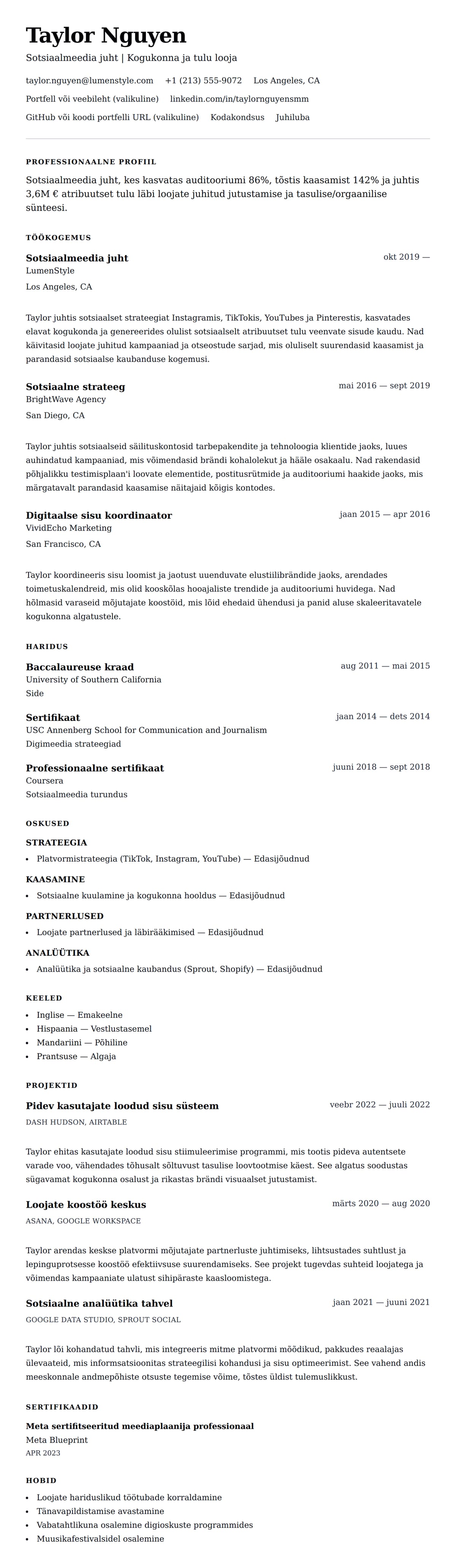 CV eelvaade Sotsiaalmeedia juhi CV näide jaoks
