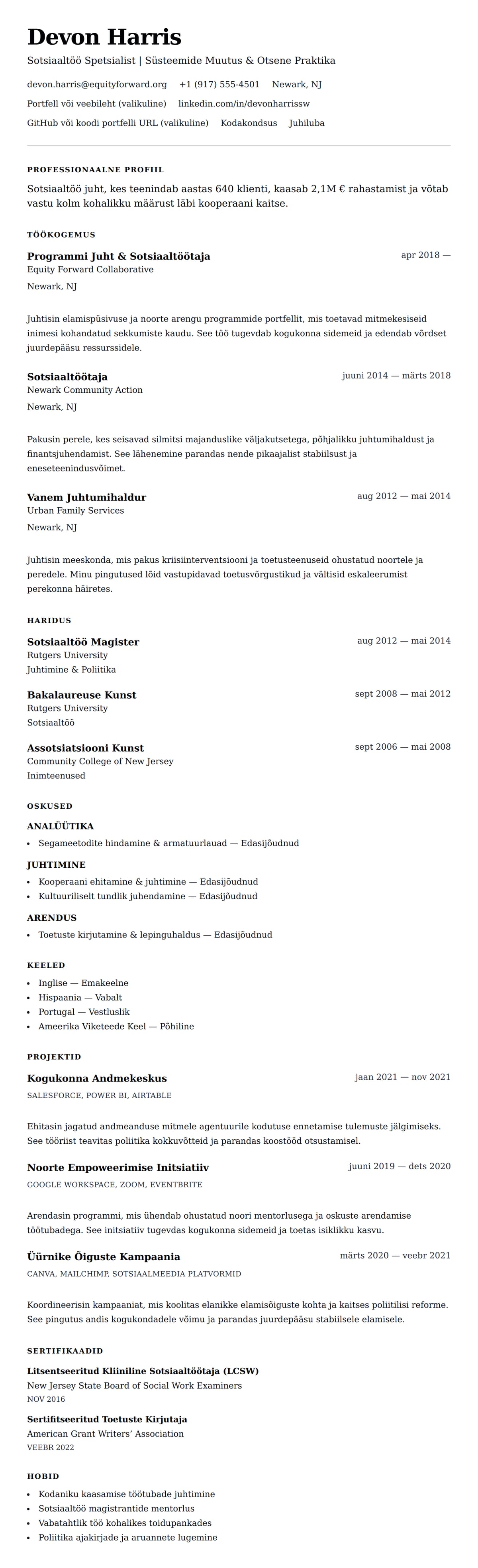 CV eelvaade Sotsiaaltöö Spetsialisti CV Näide jaoks