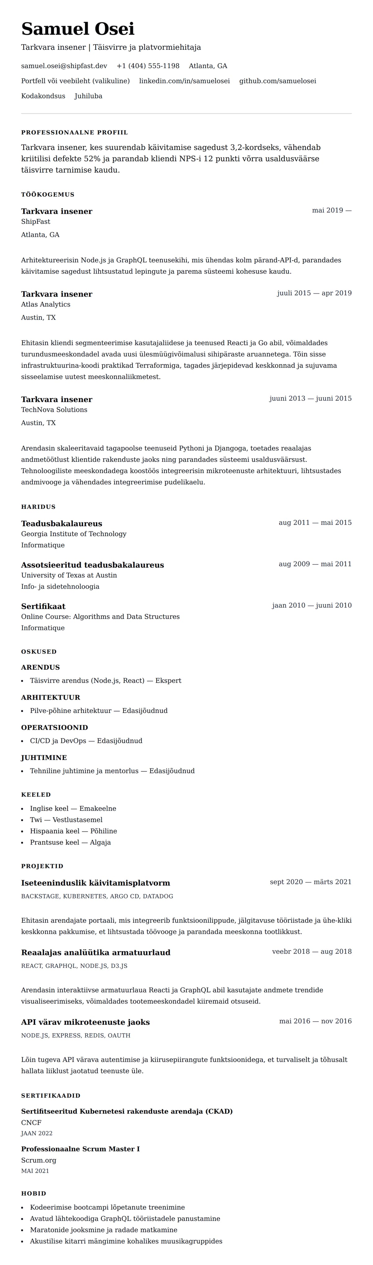 CV eelvaade Tarkvara inseneri CV näidis jaoks