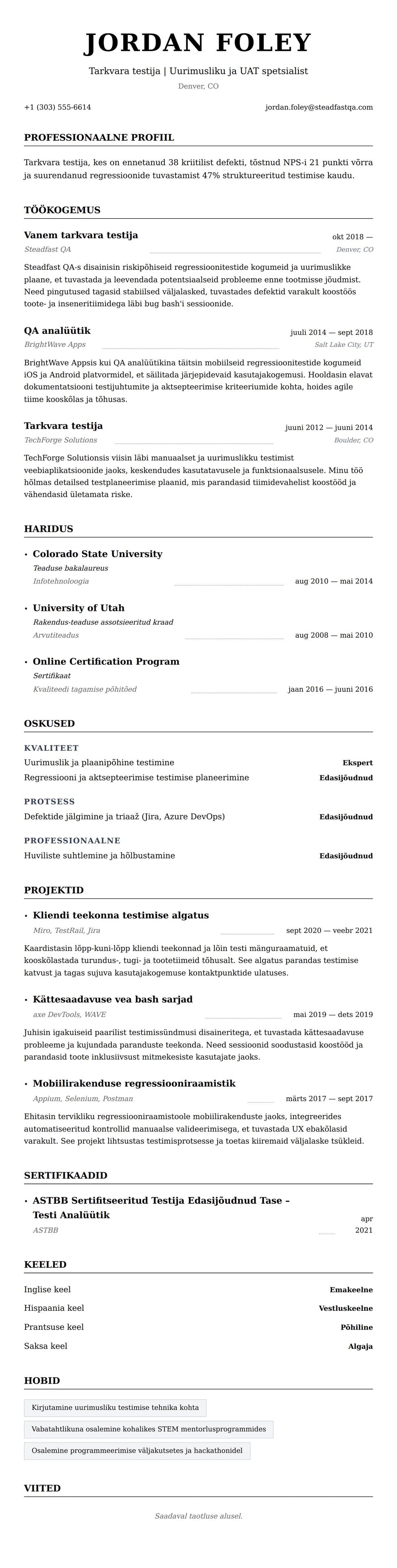 CV eelvaade Tarkvara testija CV näidis jaoks