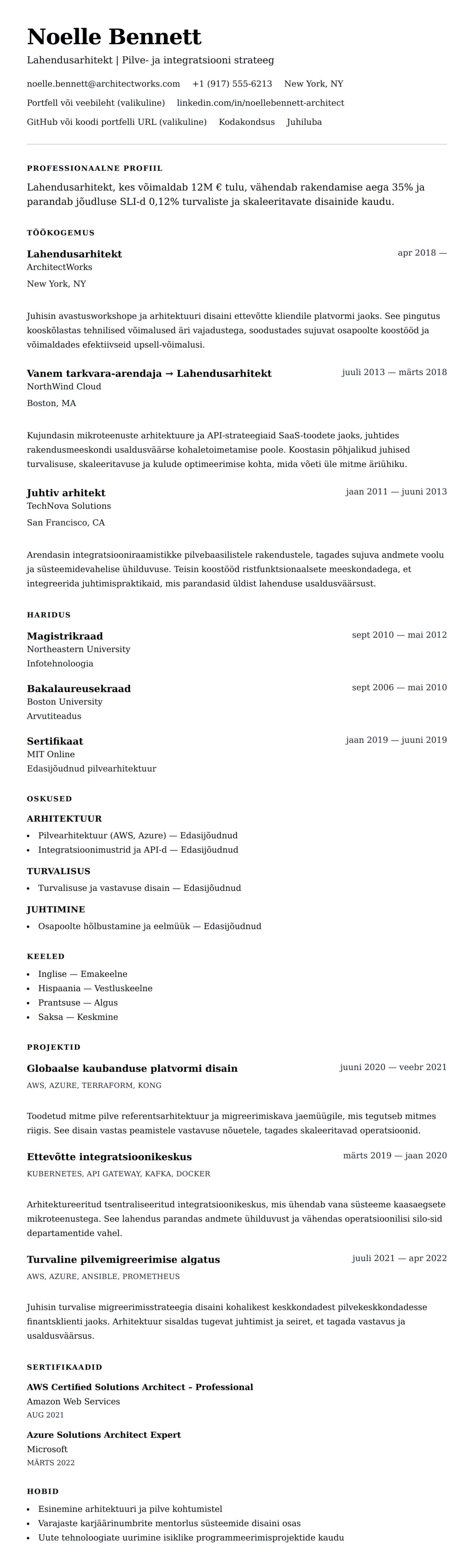 CV eelvaade Lahendusarhitekti CV näide jaoks