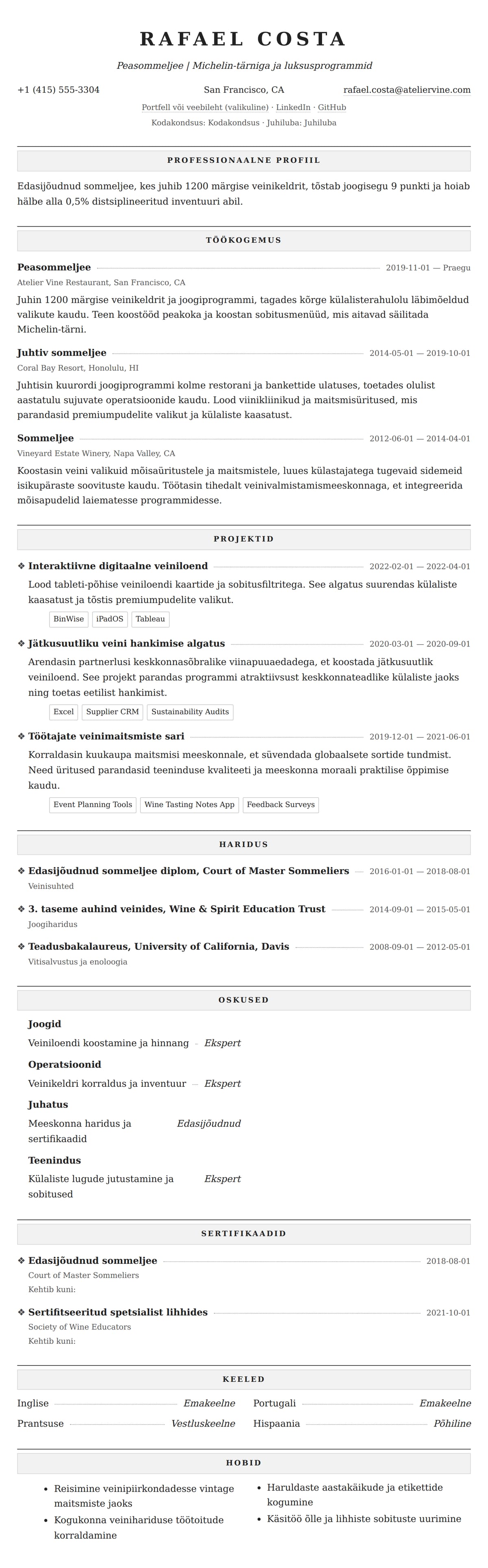 CV eelvaade Sommeljee CV näide jaoks