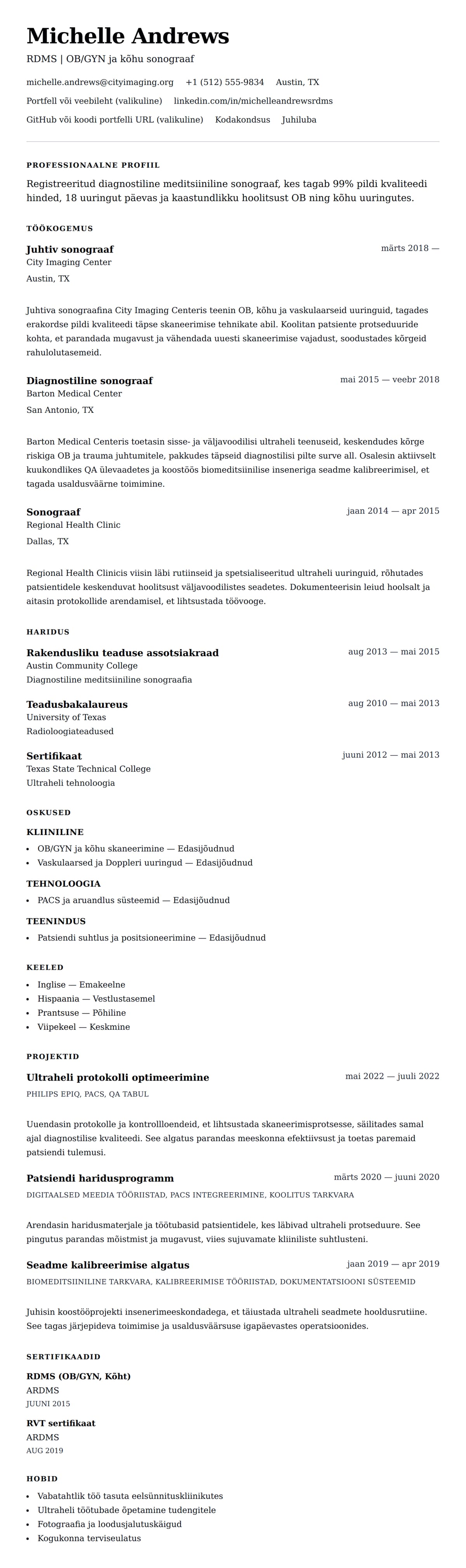 CV eelvaade Sonograafi CV näide jaoks