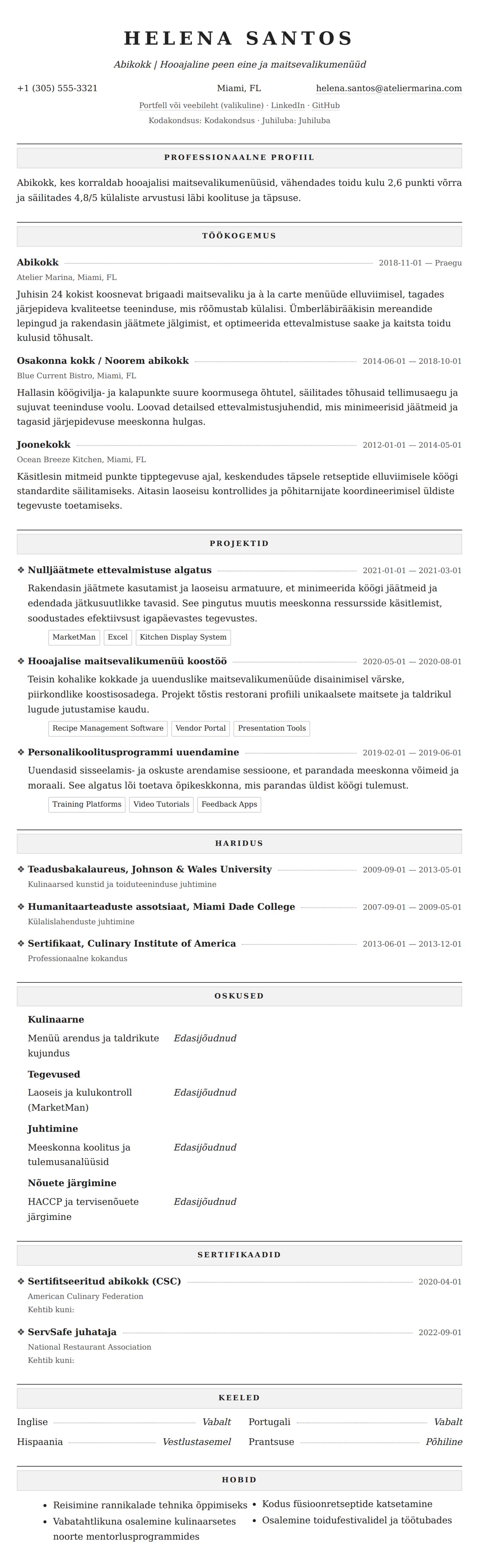 CV eelvaade Abikokk CV Näidis jaoks