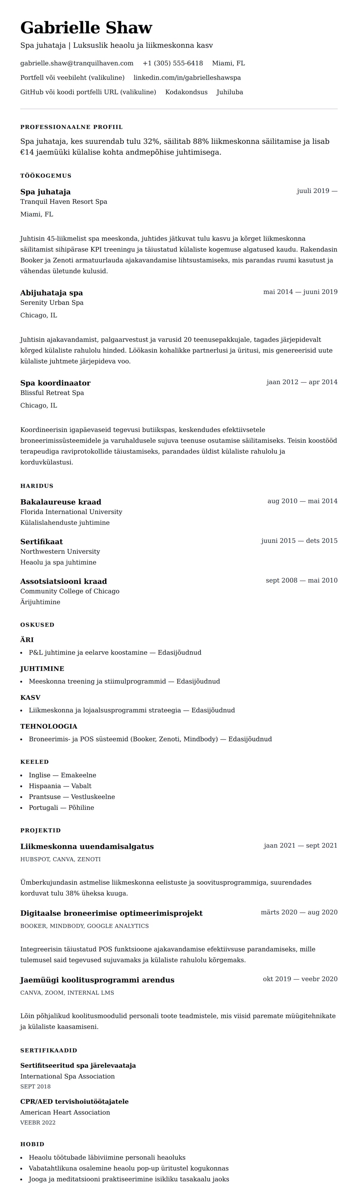 CV eelvaade Spa juhataja CV näide jaoks