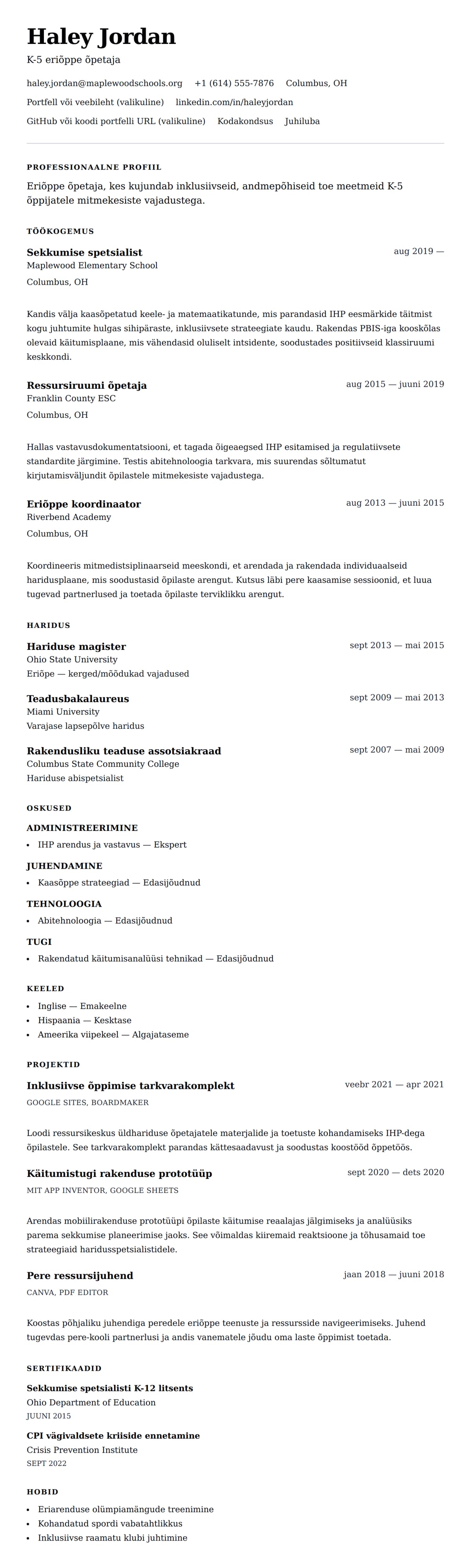 CV eelvaade Eriõppe õpetaja CV näide jaoks