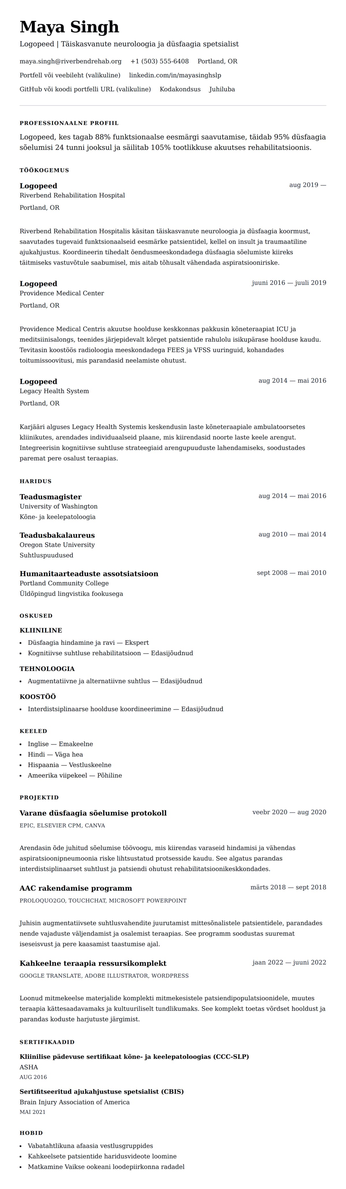 CV eelvaade Logopeedi (SLP) CV näidis jaoks