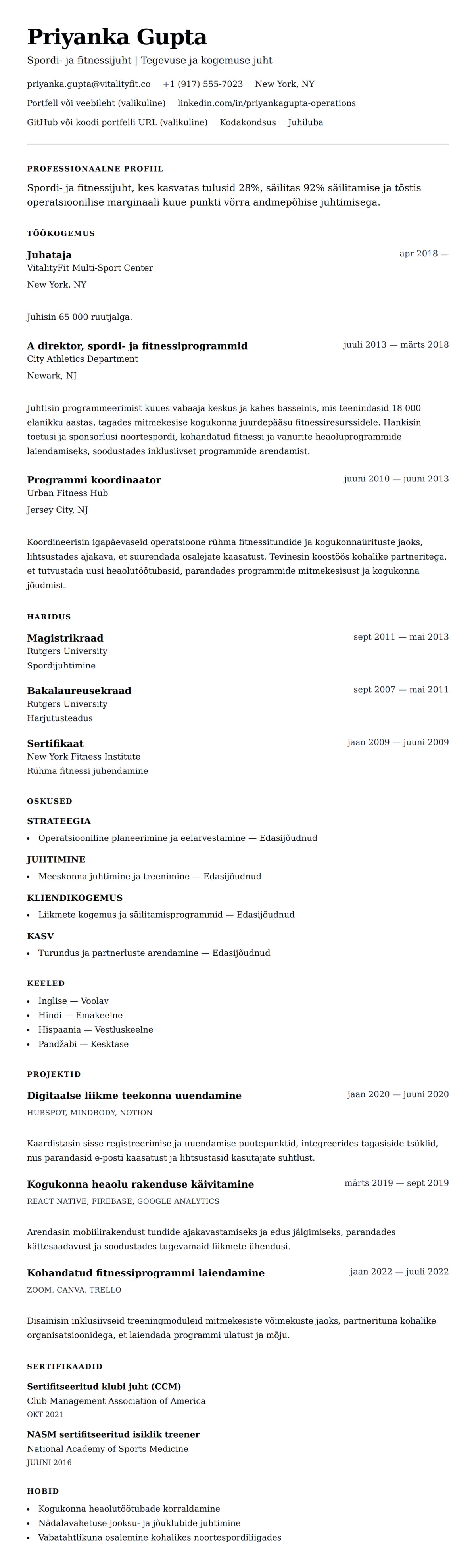 CV eelvaade Spordi- ja fitnessijuhi CV näide jaoks