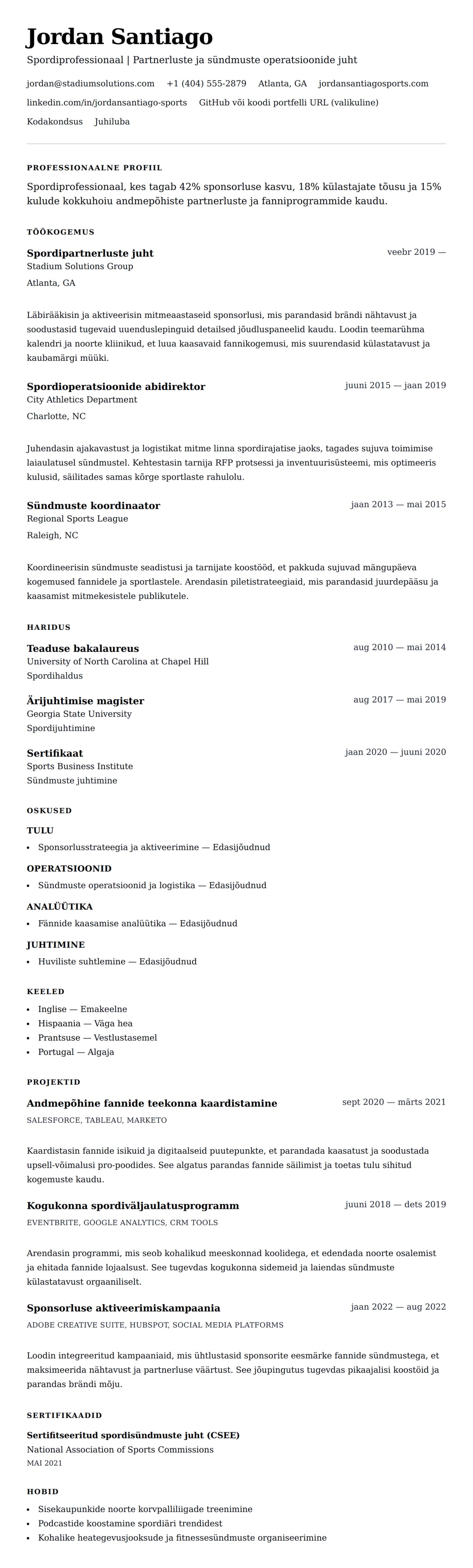 CV eelvaade Spordiprofessionaali CV näide jaoks