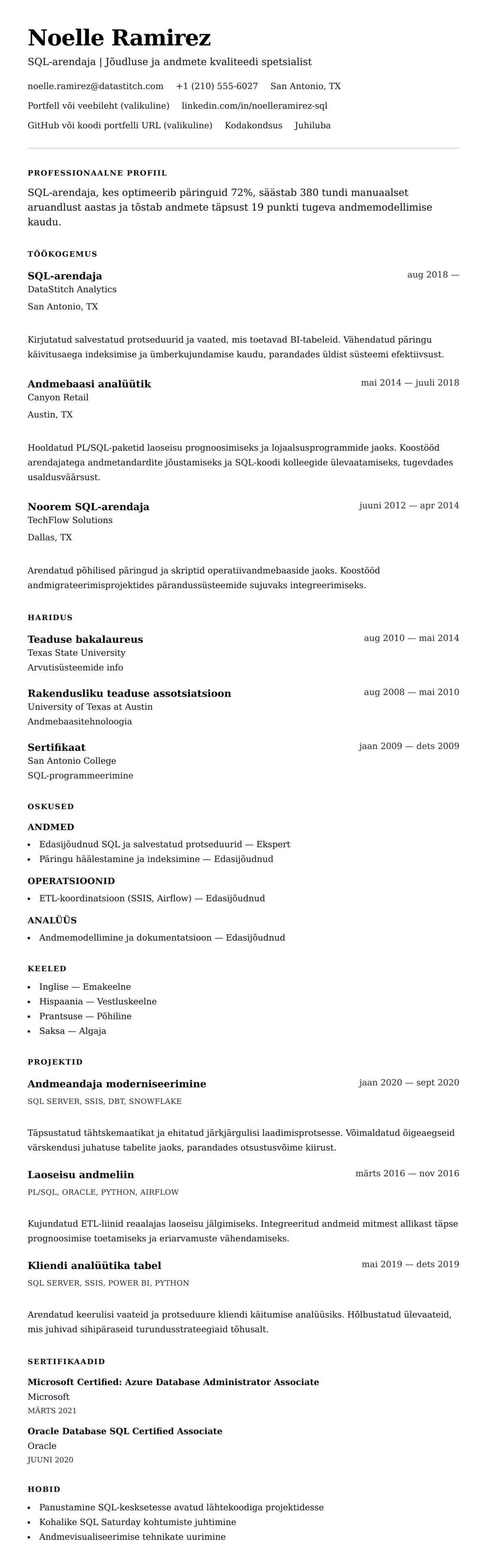 CV eelvaade SQL-arendaja CV näide jaoks