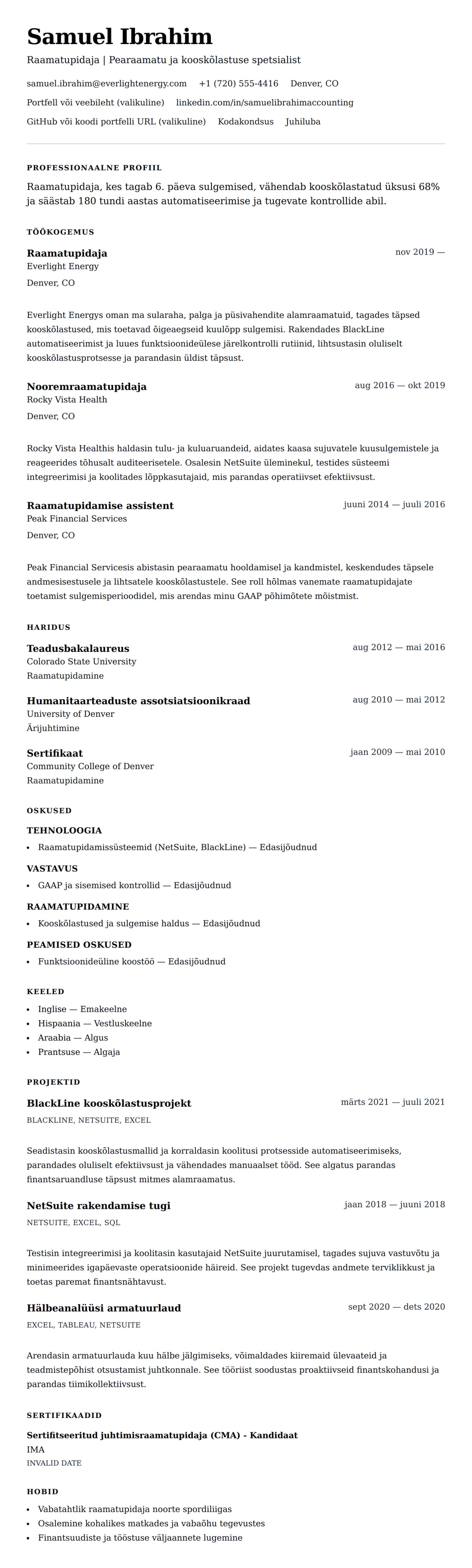 CV eelvaade Raamatupidaja CV näide jaoks