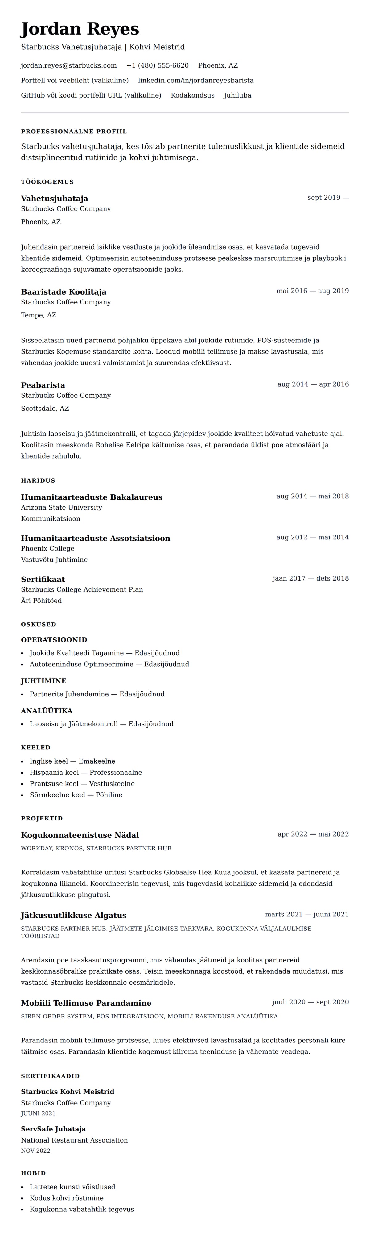 CV eelvaade Starbucks Vahetusjuhataja CV Näide jaoks