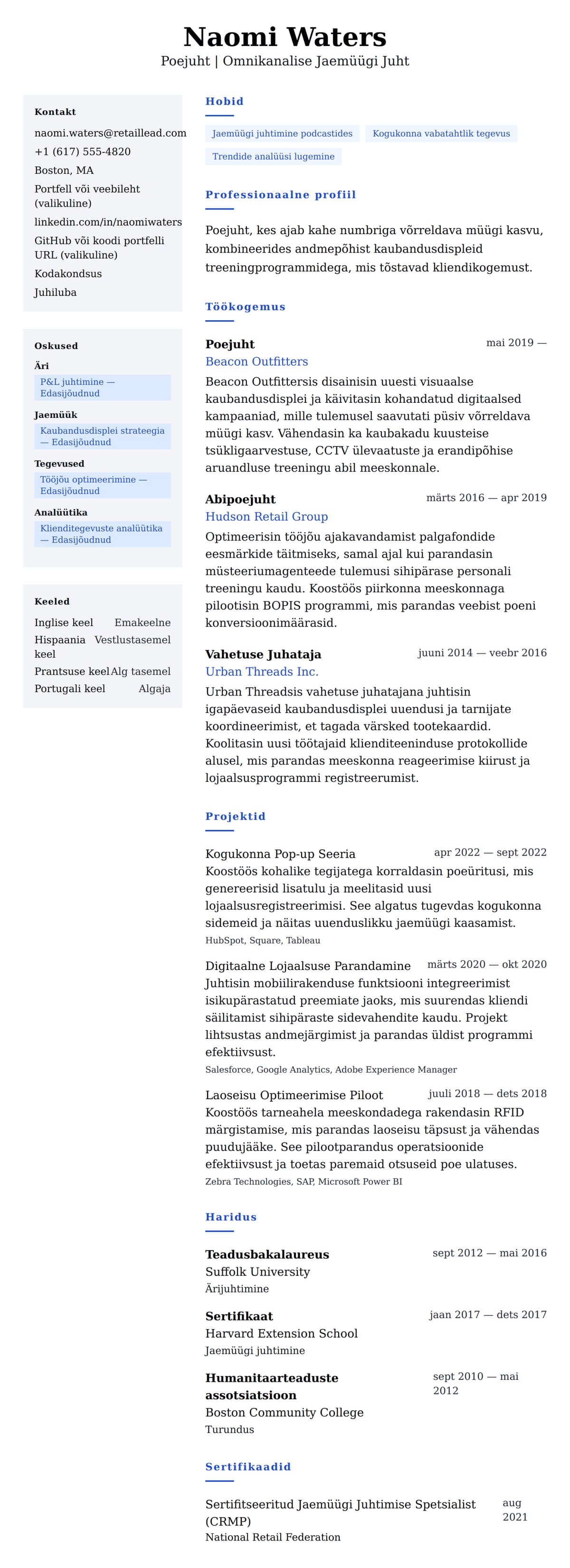 CV eelvaade Poejuht CV Näidis jaoks