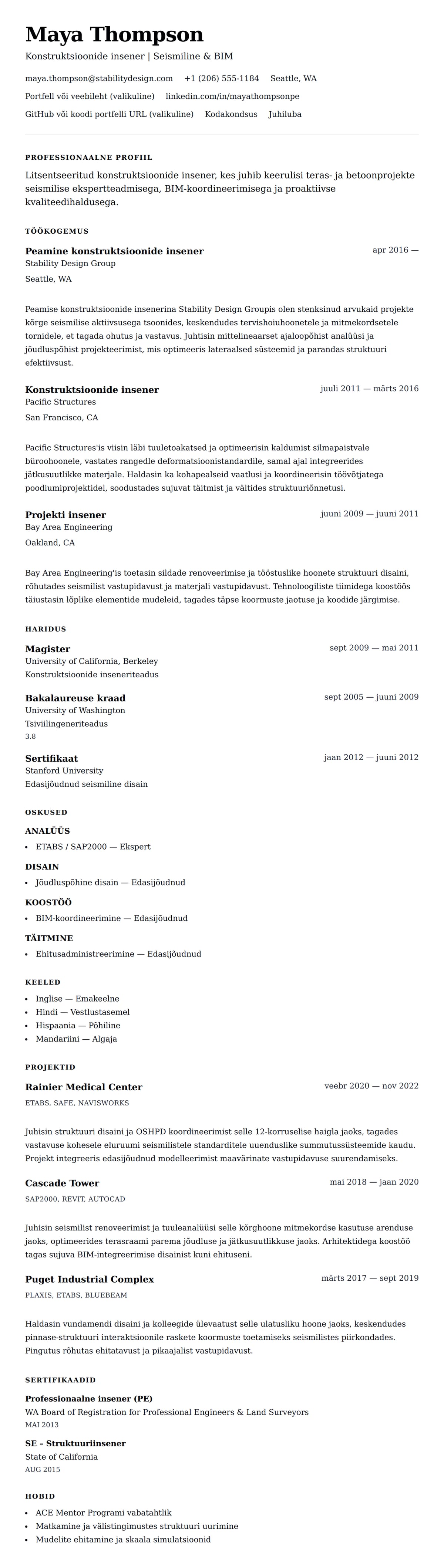 CV eelvaade Konstruktsioonide inseneri CV näide jaoks