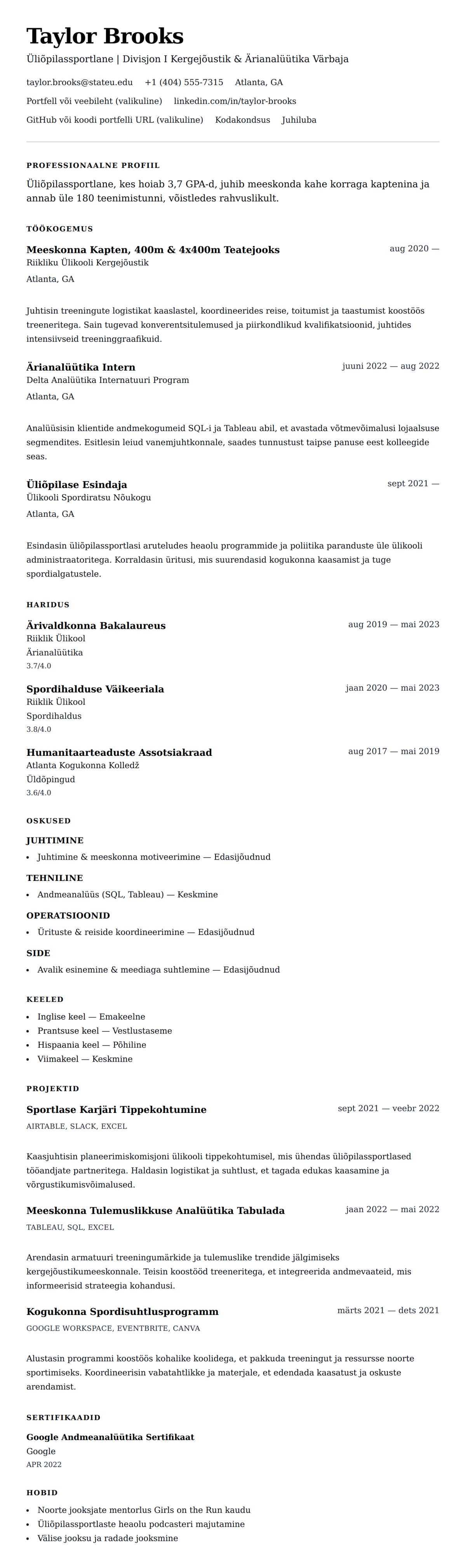 CV eelvaade Üliõpilassportlase CV näidis jaoks