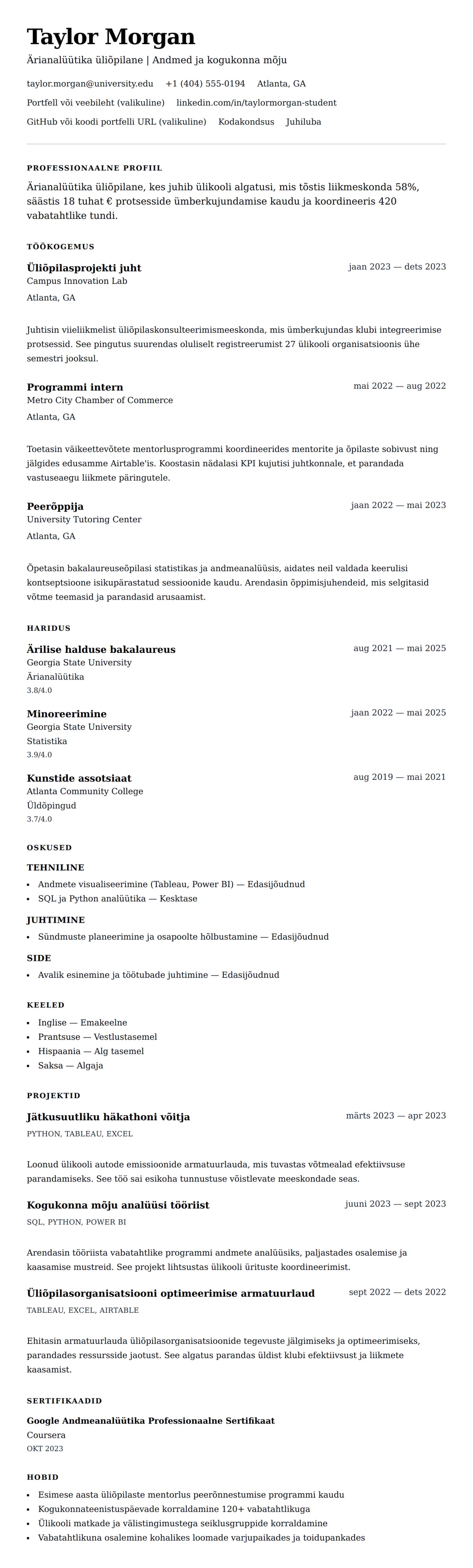 CV eelvaade Üliõpilase CV näide jaoks