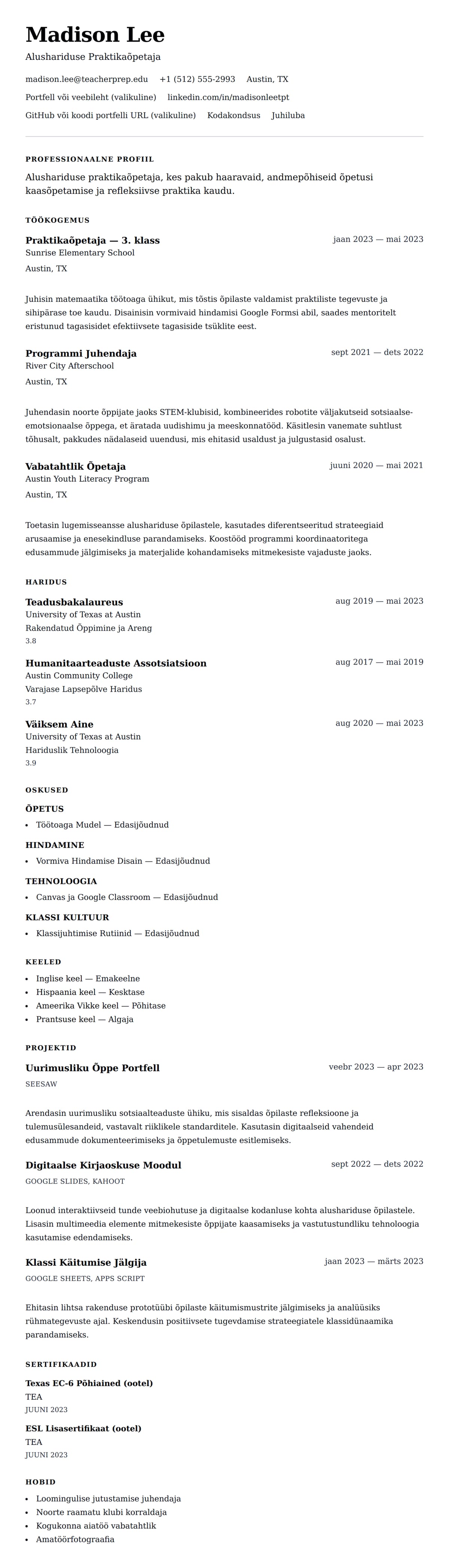 CV eelvaade Praktikaõpetaja CV Näidis jaoks