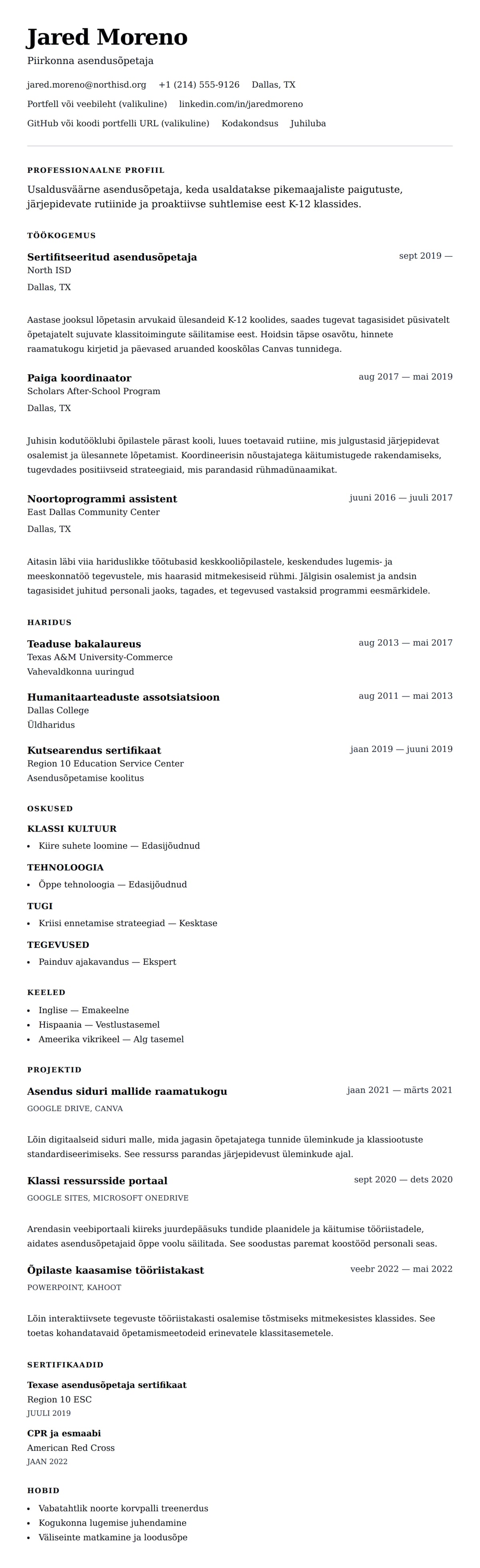 CV eelvaade Asendusõpetaja CV näidis jaoks