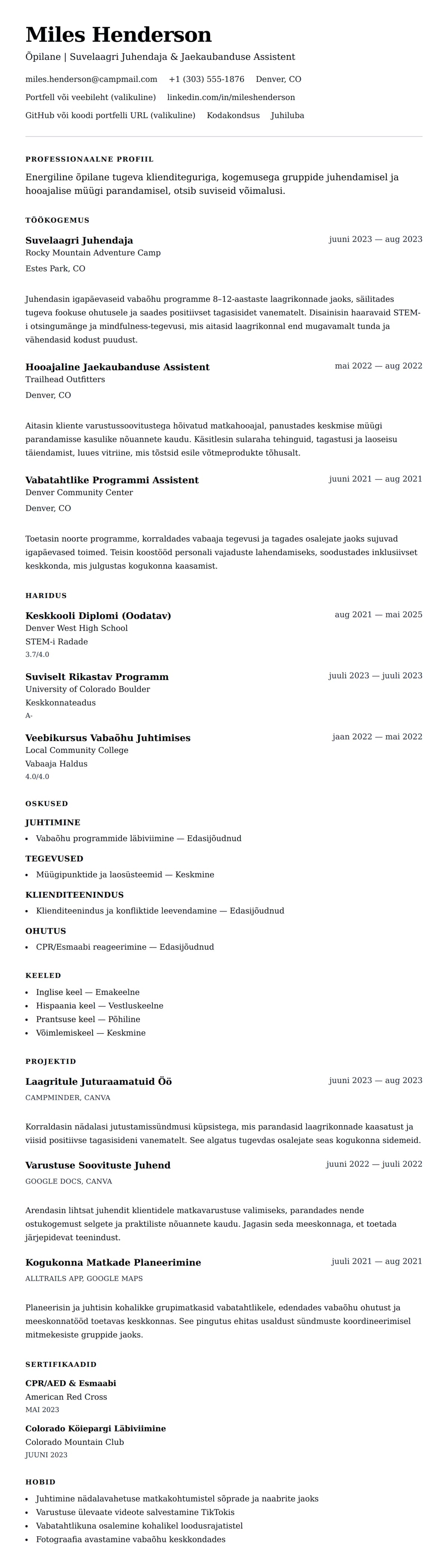 CV eelvaade Suve töö CV näide jaoks