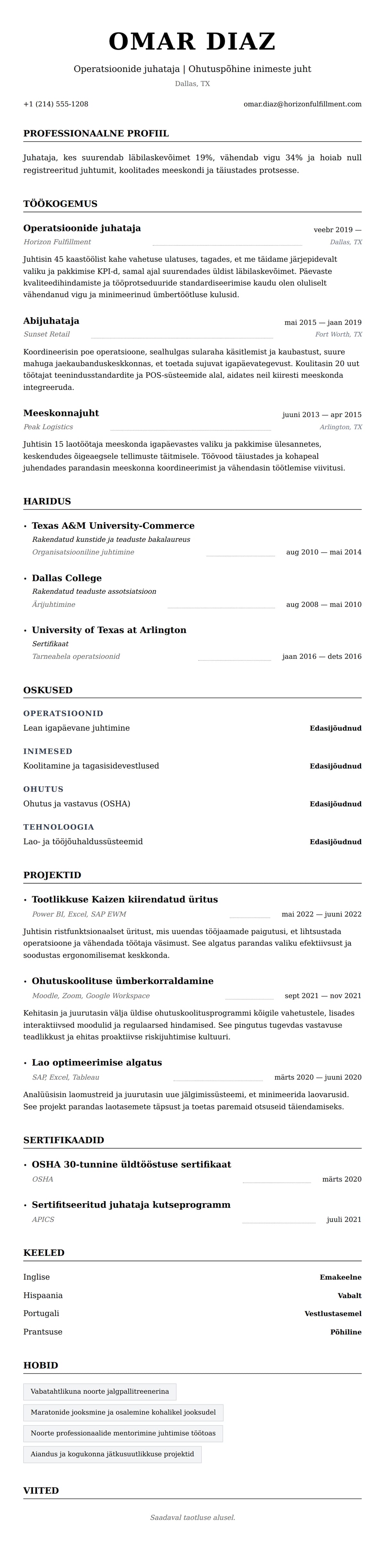 CV eelvaade Juhataja CV näidis jaoks