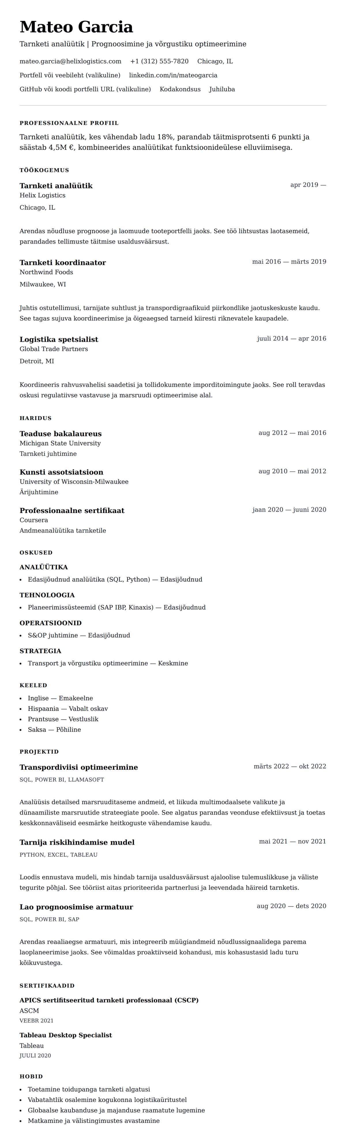 CV eelvaade Tarnketi analüütiku CV näidis jaoks