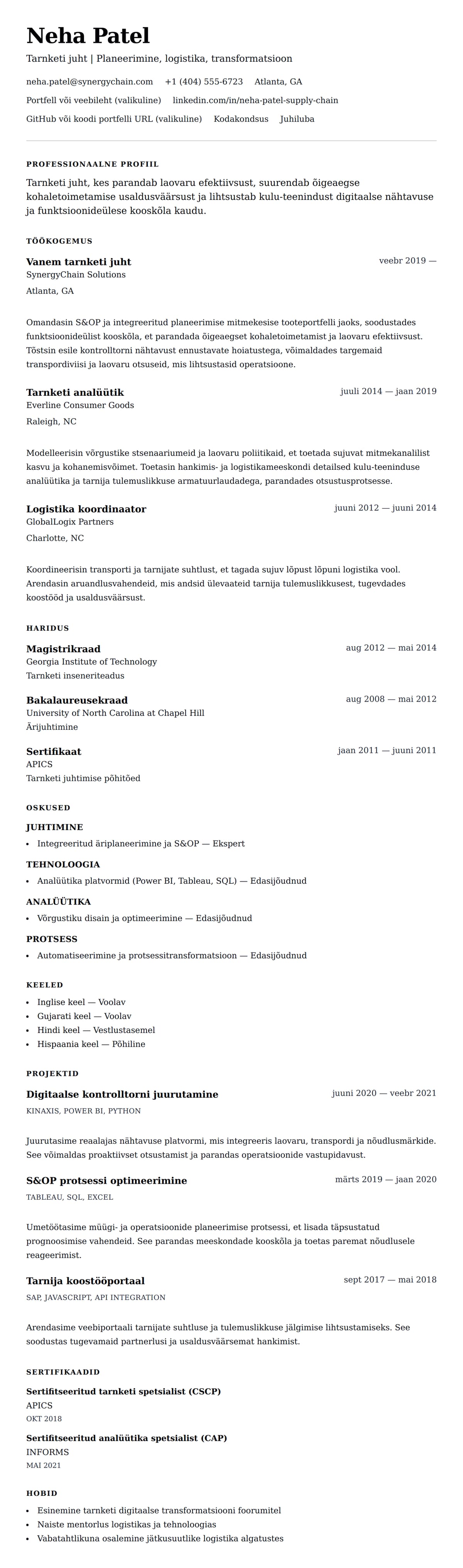 CV eelvaade Tarnketi spetsialisti CV näidis jaoks
