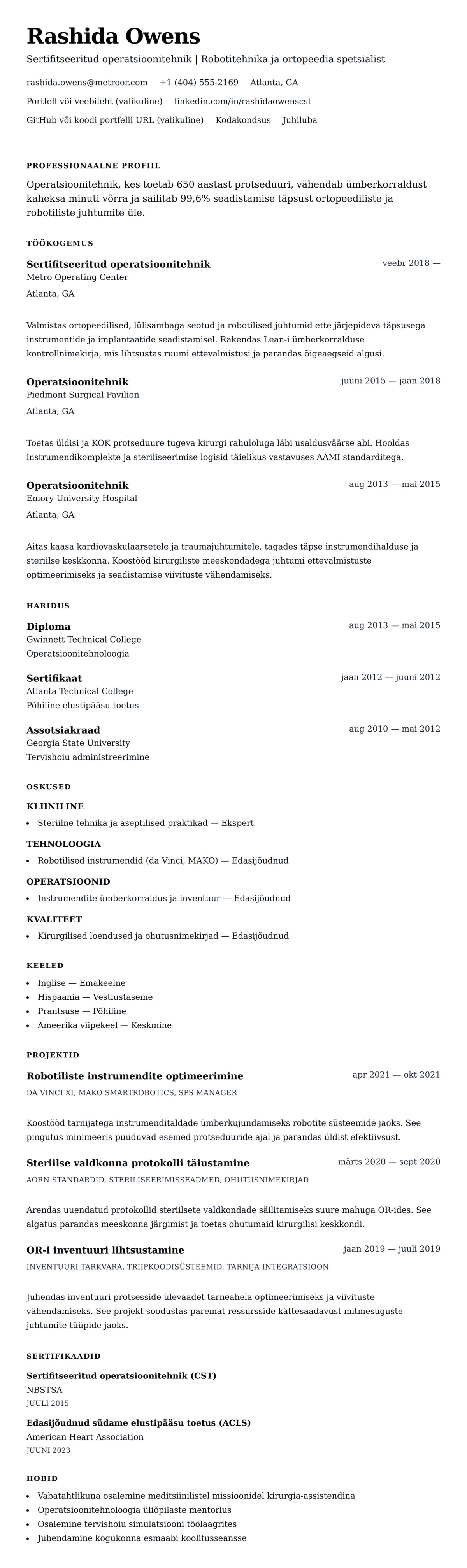 CV eelvaade Operatsioonitehniku CV näidis jaoks