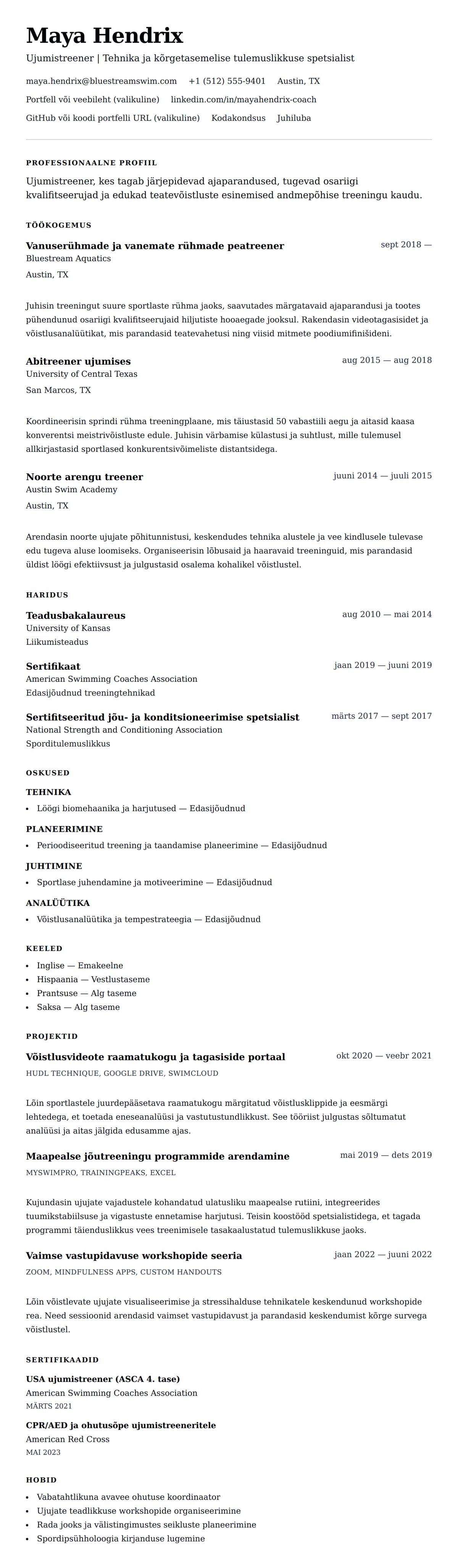 CV eelvaade Ujumistreeneri CV näidis jaoks