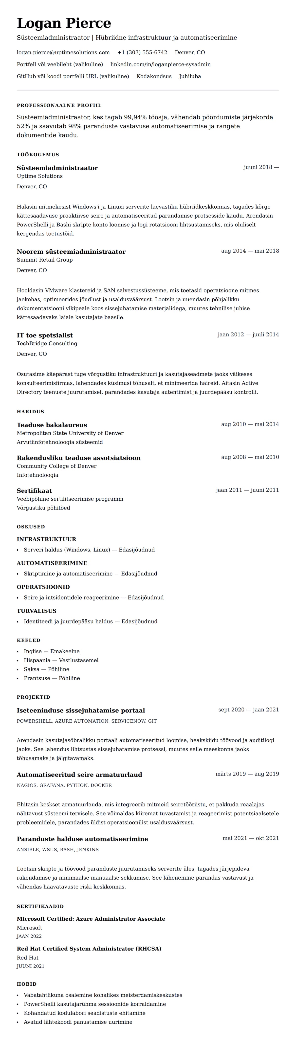 CV eelvaade Süsteemiadministraatori CV näidis jaoks