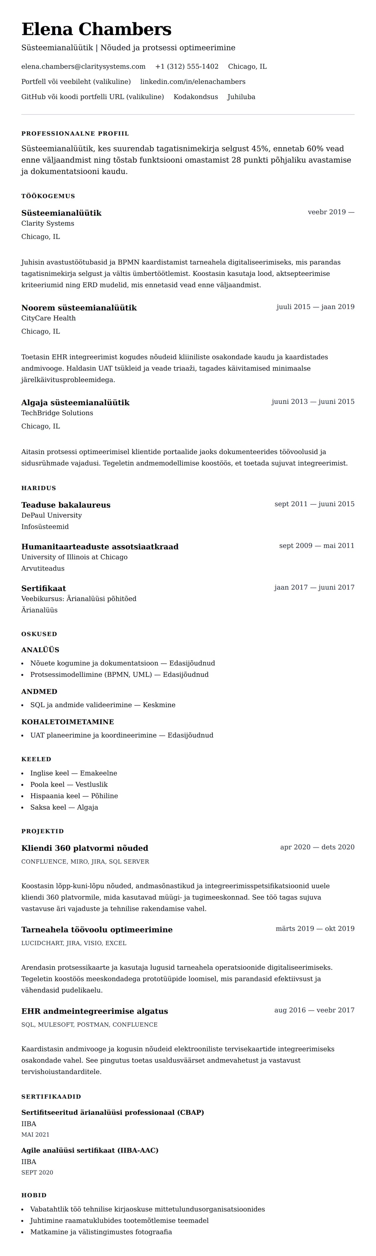 CV eelvaade Süsteemianalüütiku CV näidis jaoks