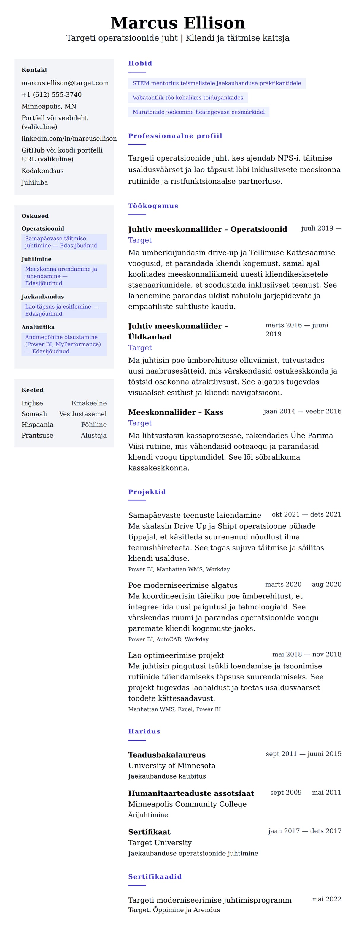 CV eelvaade Targeti operatsioonide juhi CV näide jaoks