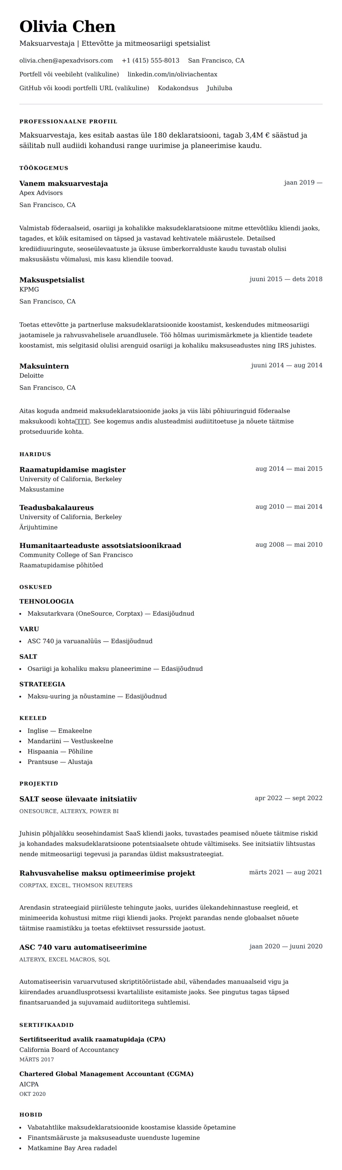 CV eelvaade Maksuarvestaja CV näide jaoks