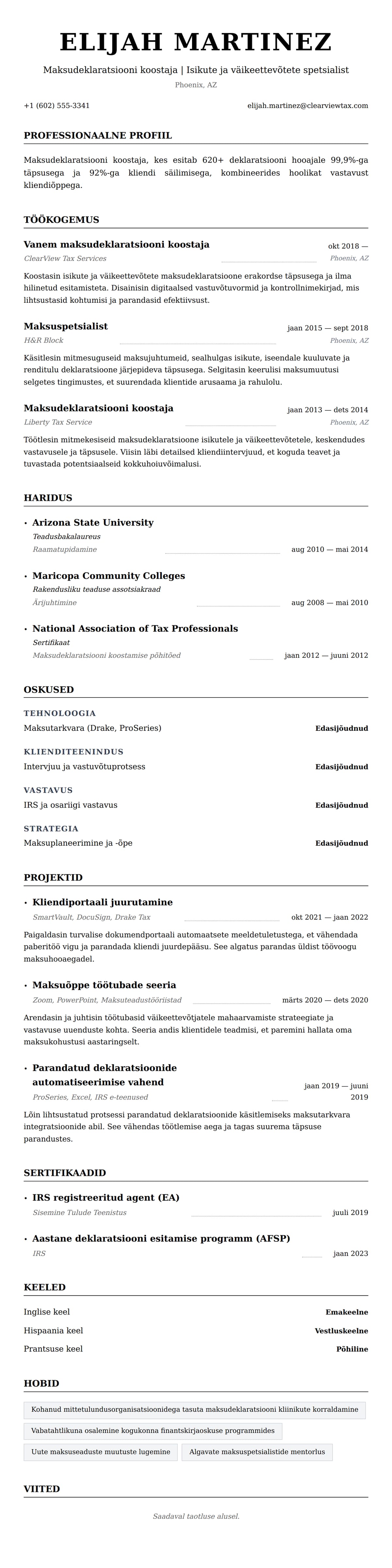 CV eelvaade Maksudeklaratsiooni koostaja CV näidis jaoks