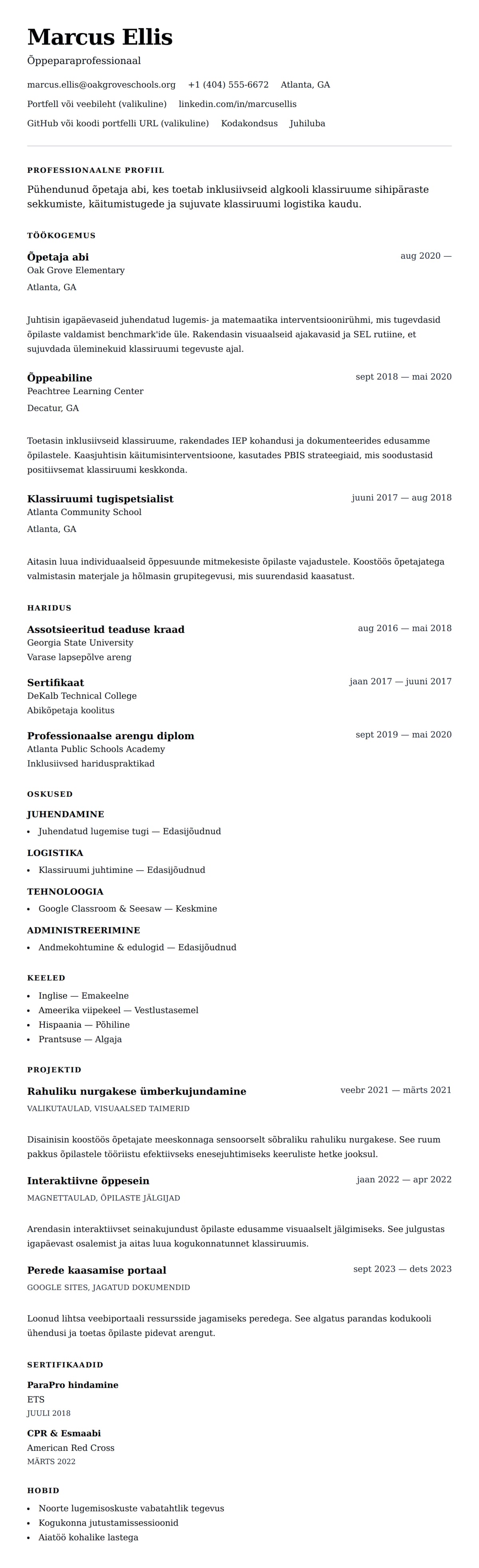 CV eelvaade Õpetaja abi CV näidis jaoks