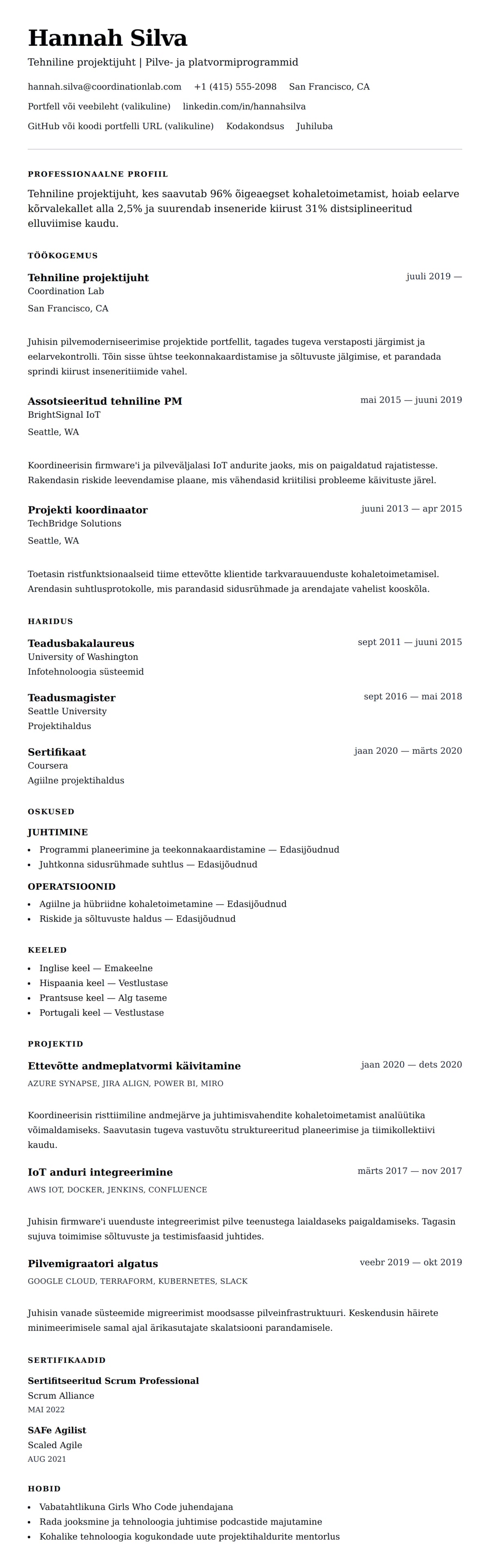 CV eelvaade Tehnilise projektijuhi CV näidis jaoks