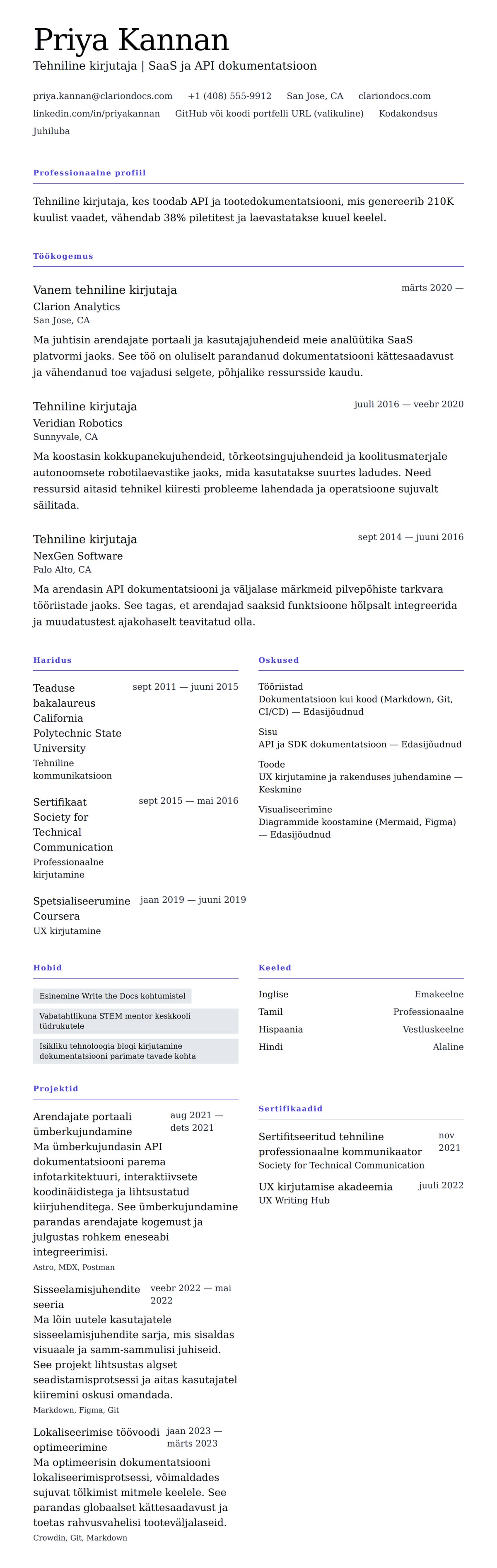 CV eelvaade Tehnilise kirjutaja CV näide jaoks