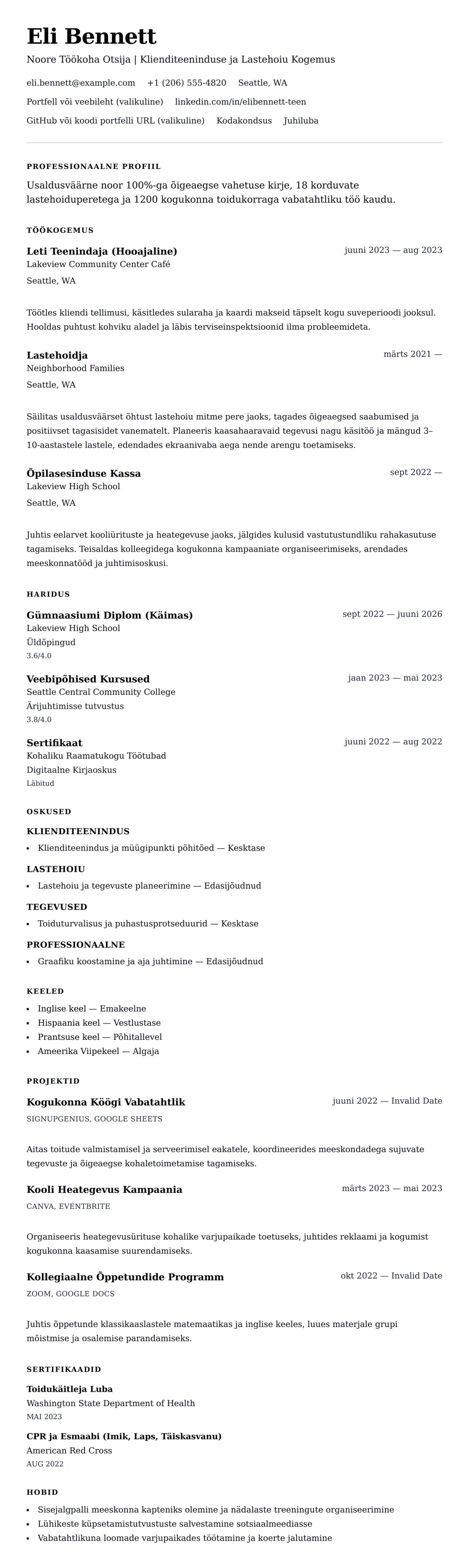 CV eelvaade Noore Töökoha Otsija CV Näide jaoks