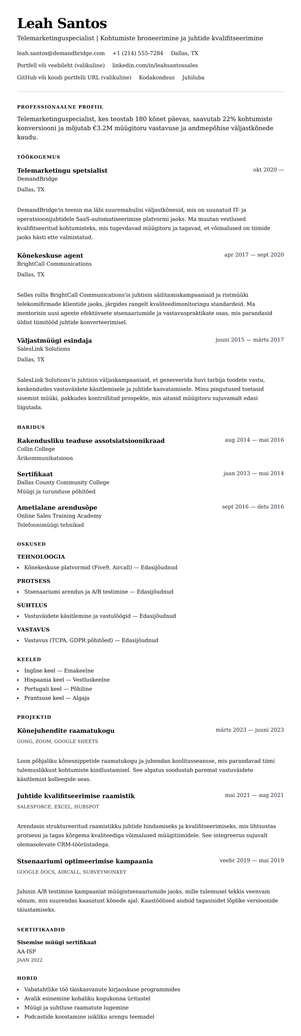 CV eelvaade Telemarketinguspecialisti CV näidis jaoks