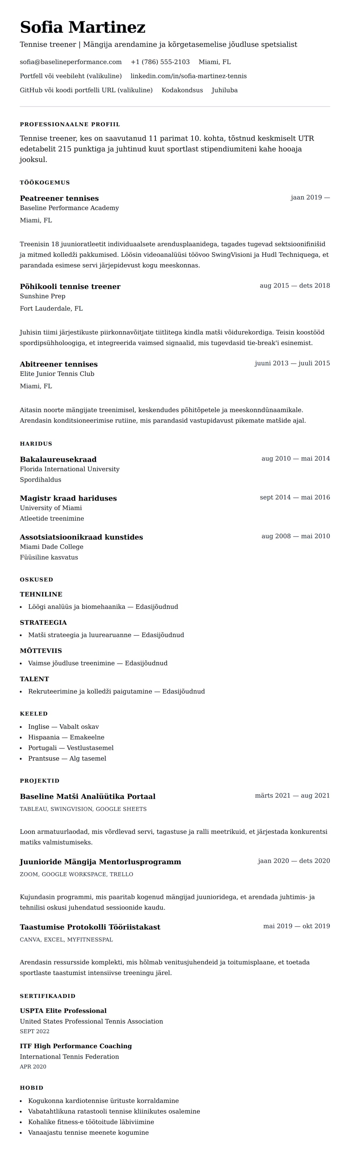 CV eelvaade Tennise treeneri CV näidis jaoks