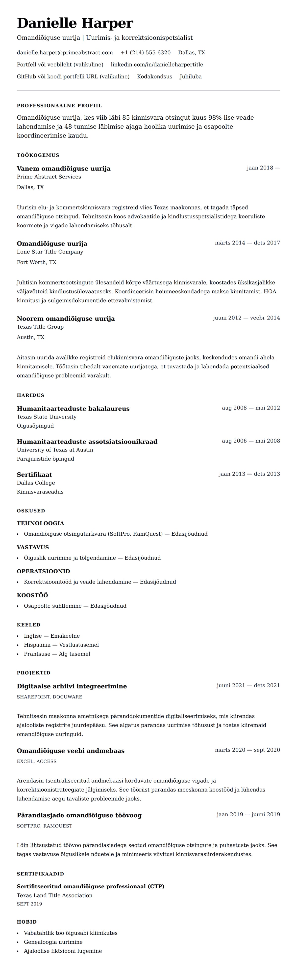 CV eelvaade Omandiõiguse uurija CV näide jaoks