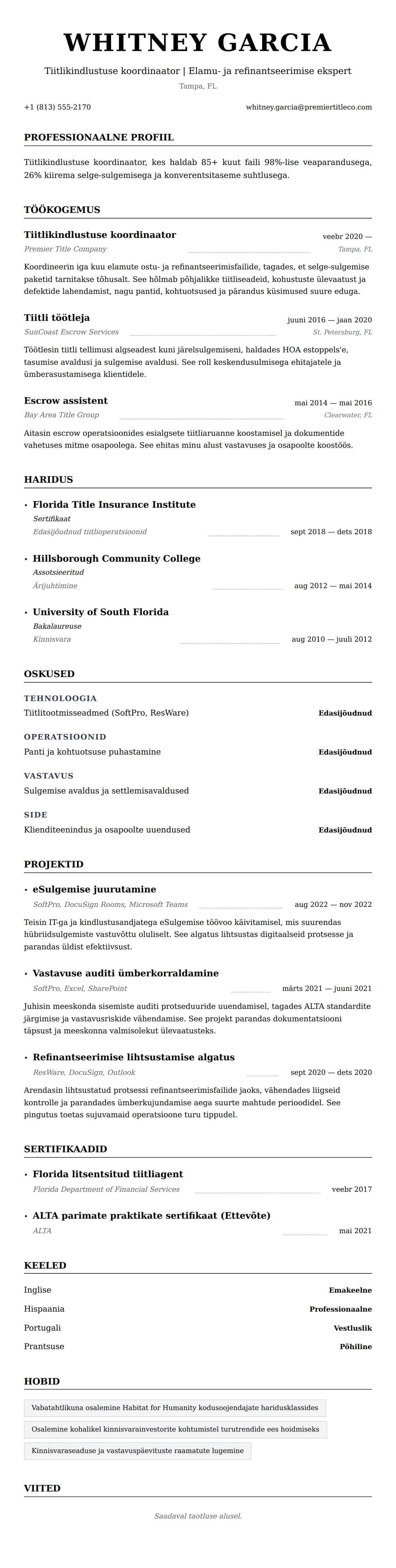 CV eelvaade Tiitlikindlustuse koordinaatori CV näide jaoks