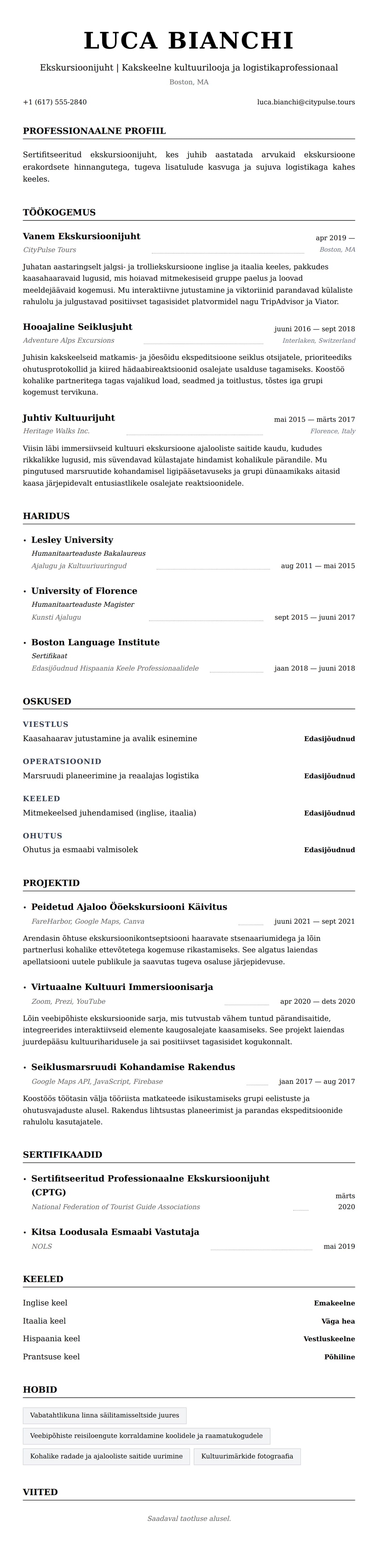 CV eelvaade Ekskursioonijuhi CV Näide jaoks