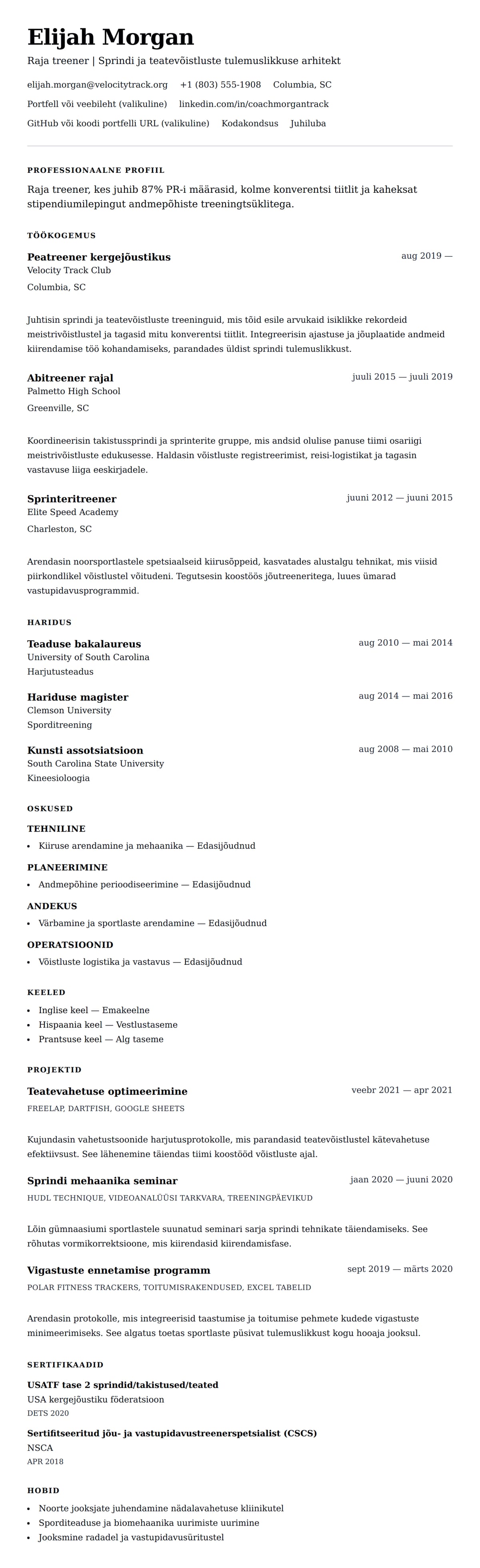 CV eelvaade Raja treeneri CV näide jaoks
