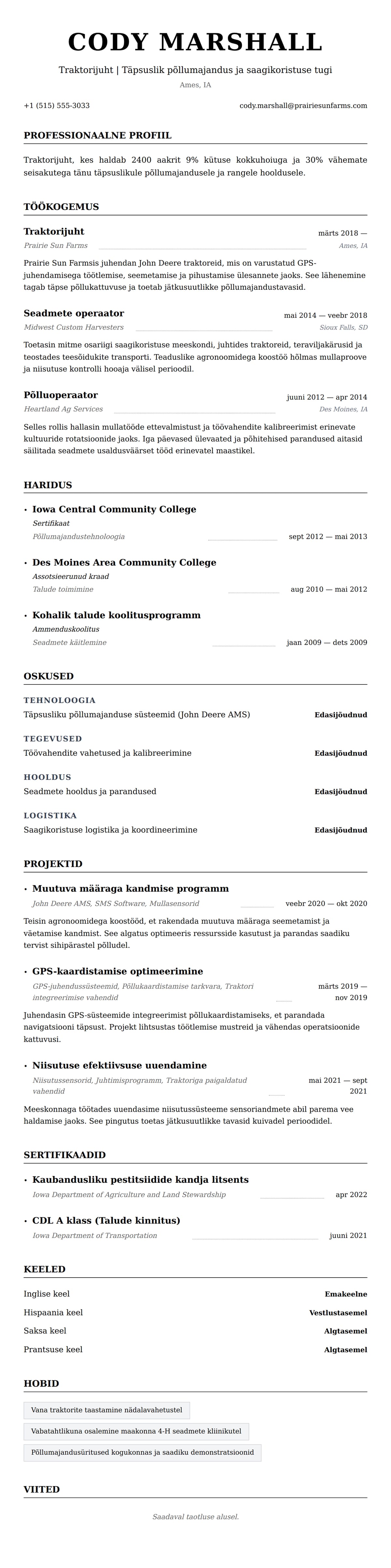 CV eelvaade Traktorijuhi CV näide jaoks