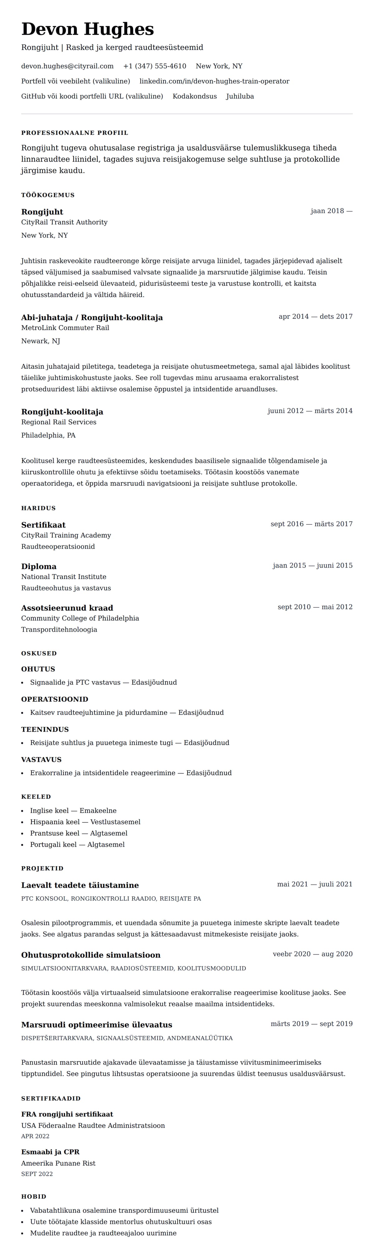 CV eelvaade Rongijuhi CV näidis jaoks