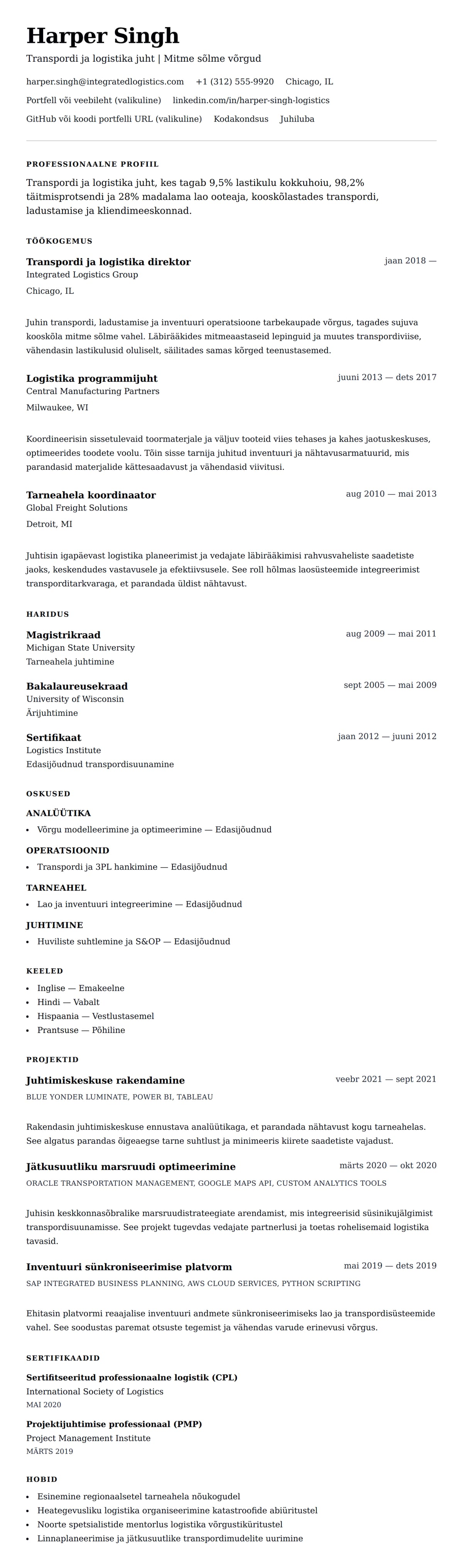 CV eelvaade Transpordi ja logistika spetsialisti CV näidis jaoks