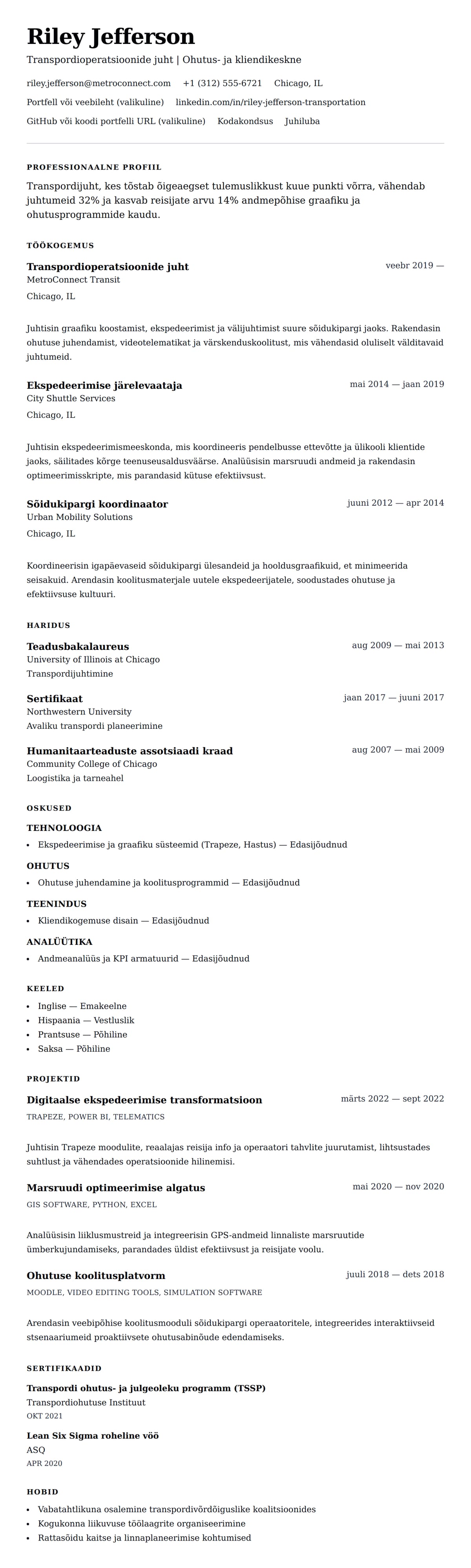 CV eelvaade Transpordispetsialisti CV näidis jaoks