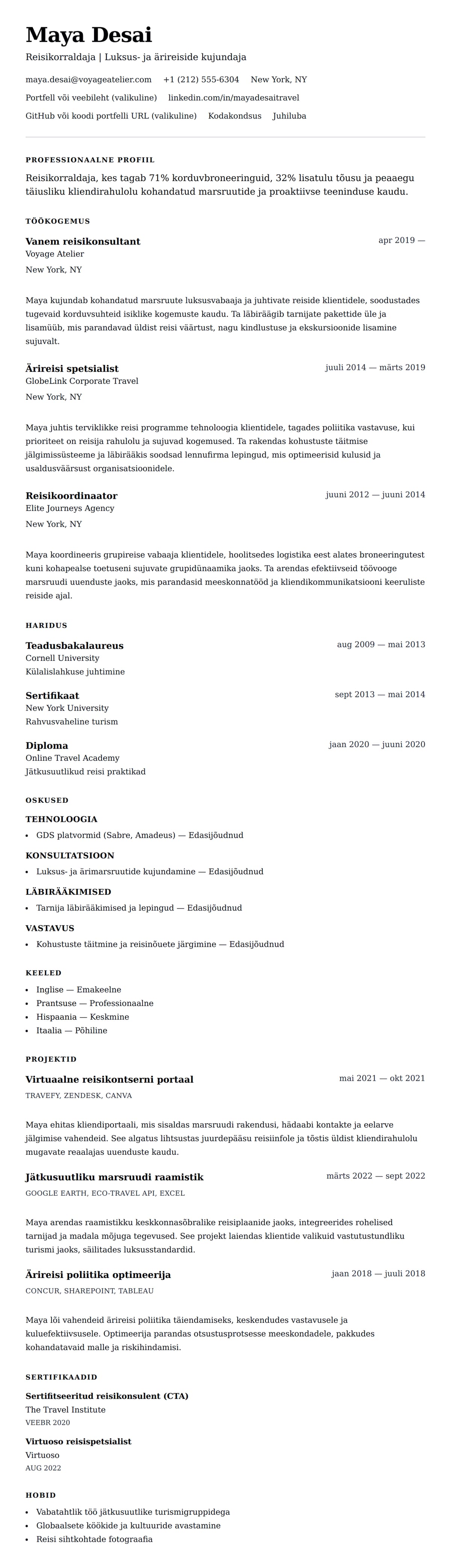 CV eelvaade Reisikorraldaja CV näidis jaoks