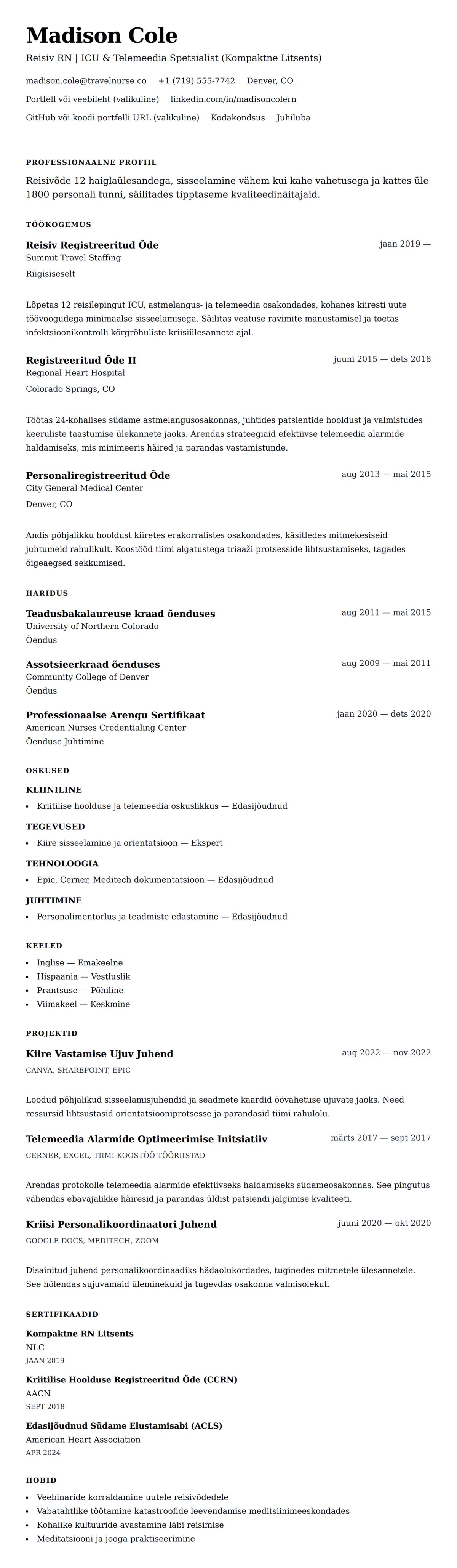 CV eelvaade Reisivõde CV Näidis jaoks