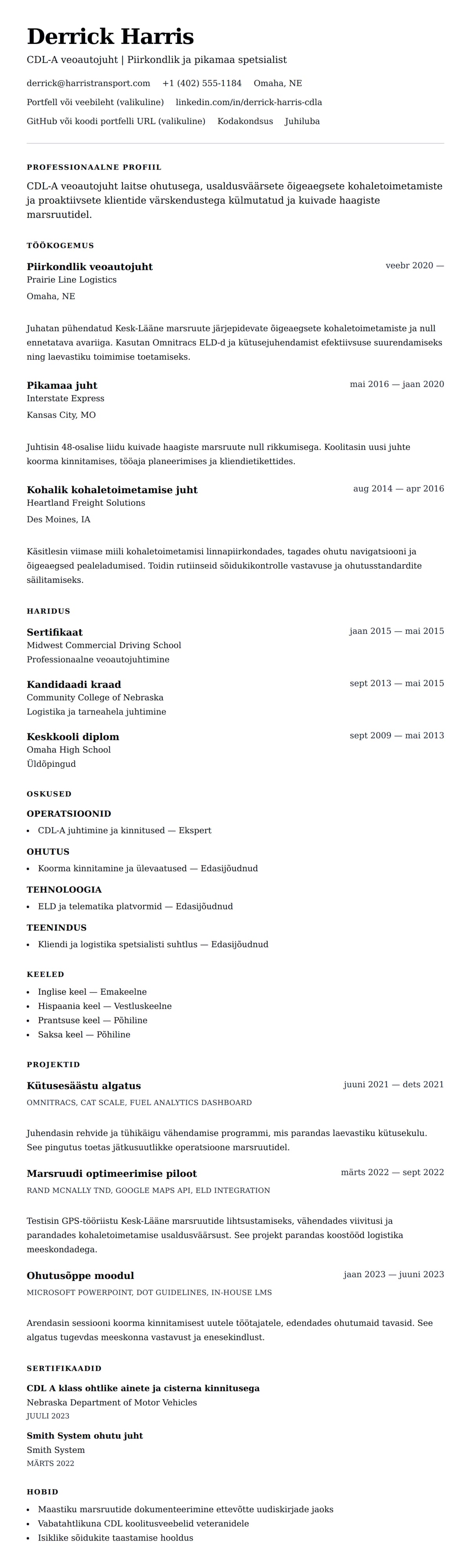 CV eelvaade Veoautojuhi CV näidis jaoks